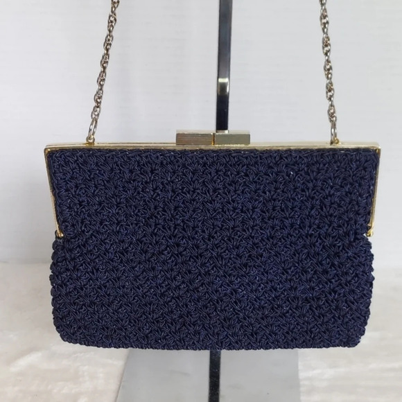 Vintage Jacobson's Navy Blue Macrame Bag Chain Shoulder Bag Kiss Lock Closure - Picture 3 of 13